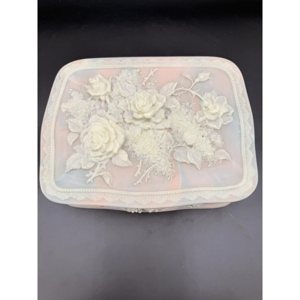 Vintage INCOLAY Pink Stone Flower Bouquet Jewelry Trinket Box
